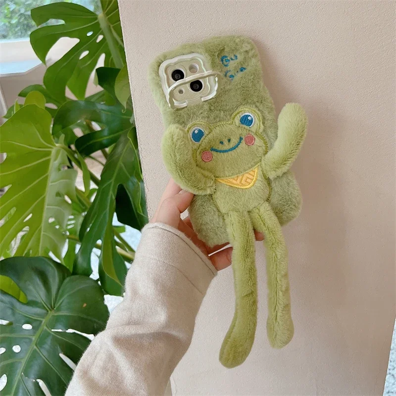 Soft Plush Camera Protect Phone Case for Huawei Mate 60 50 40 Pro 30 Pro Lovely Frog Cartoon Furry Warm Winter Fur Cover Cases