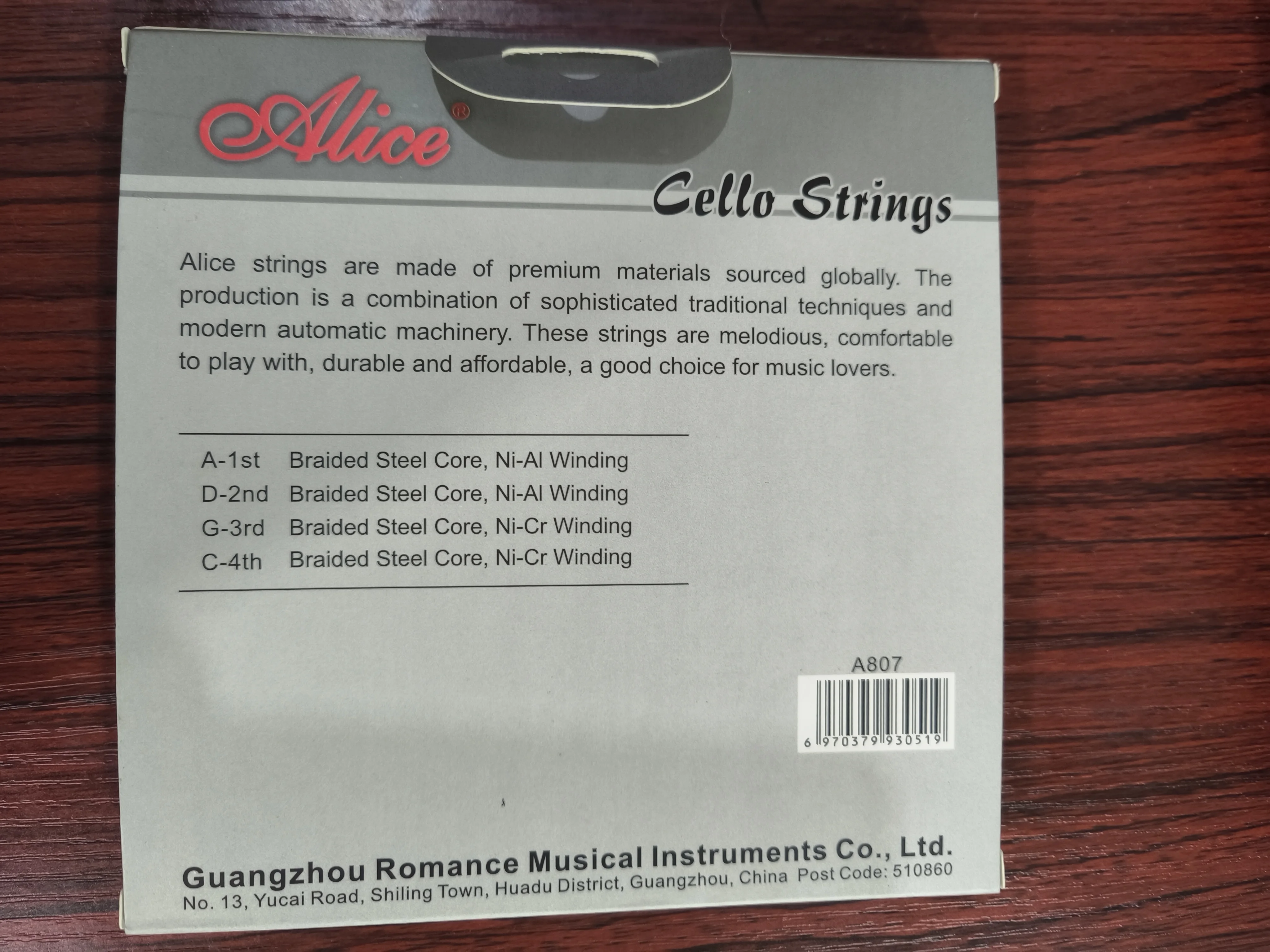 Alice String For Concert Braided Steel Core Ni-Al Ni-Cr Cello Strings 4/4 3/4 1/2 1/4 1/8 Scale A807