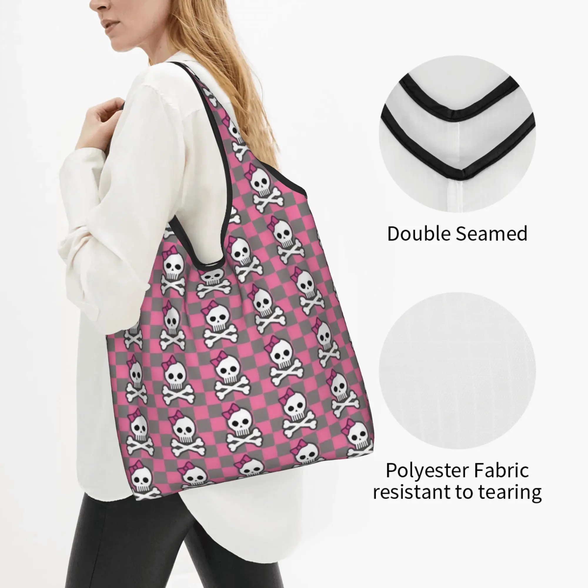 Kawaii Printing Skull  Tote Shopping Bag Portable Shopper Shoulder Horror Skeleton  Handbag