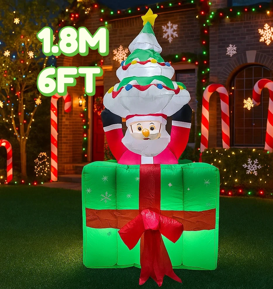 6FT Inflatable Toy Christmas Decorations Inflatable Santa Claus Gift Box Tree Home Yard Xmas Ornaments LED Lights Party Decor
