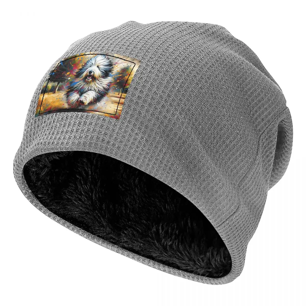 Old English Sheepdog Dog Portrait Acrylic Art Waffle Knit Fleece Lined Beanie with PU Leather Patch Unisex Warm Winter Soft Cap