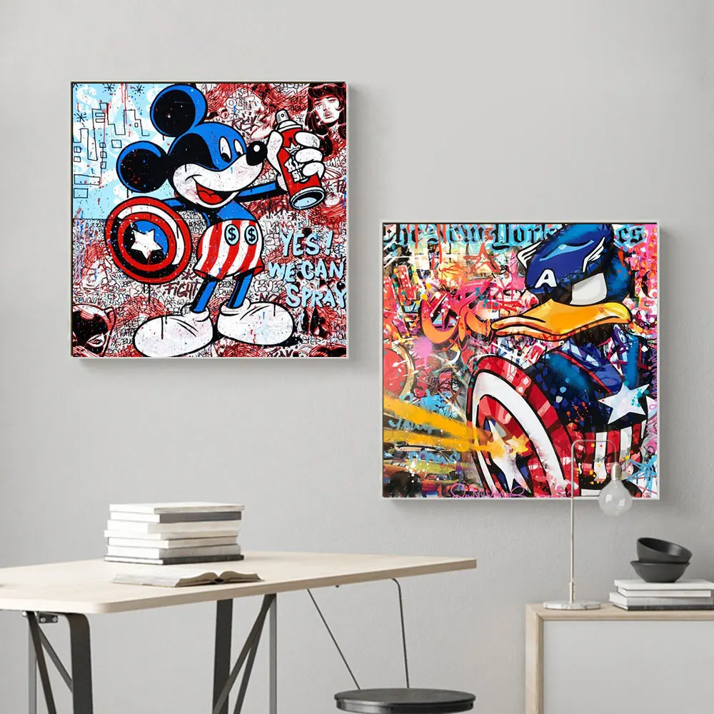 

Disney Mickey Donald Duck imitates Captain America Graffiti Prints Pop Art Canvas Painting Poster Home Living Room Bedroom Decor