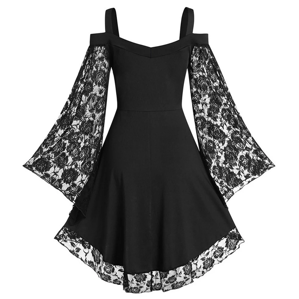 Gothic Vintage Lace Up Women\'s Dress Plus Size Lace Patchwork Flared Sleeve Off-shoulder Party Punk Vestidos Witch Halloween