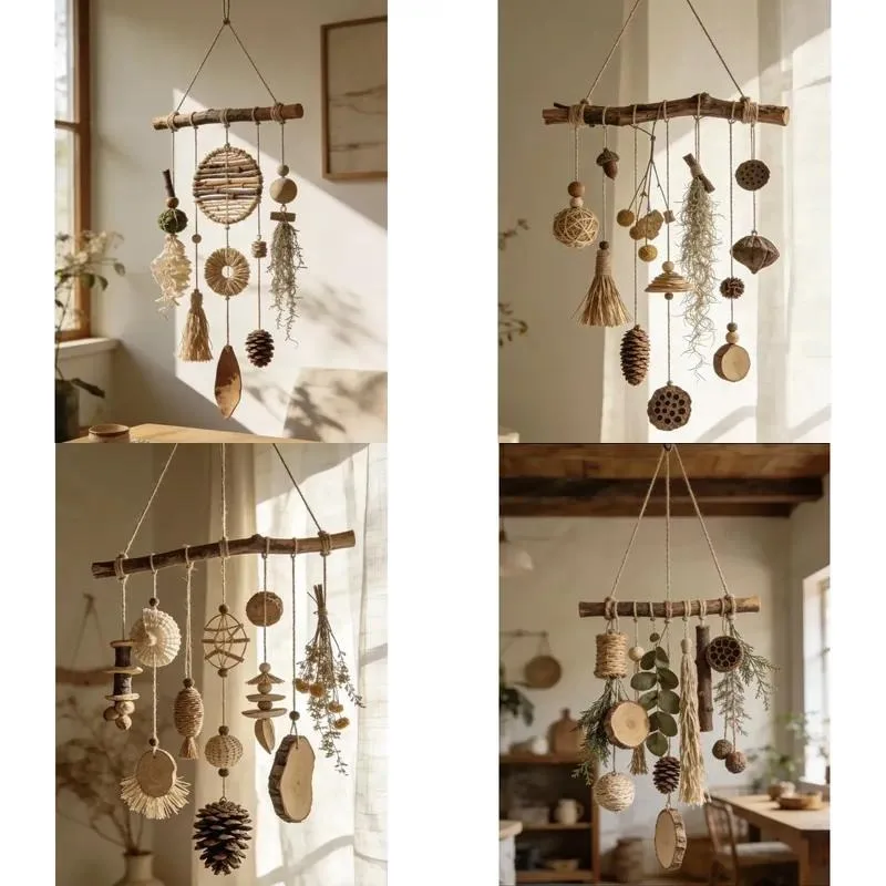 Handmade Country Style Wooden Branch Lace Flower Wall Hanging Natural Dried Flower Wind Chimes Home Art Decor