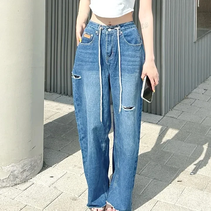 Korean Style High Waist Wide Leg Denim Pants Casual Washed Cotton Jeans Floor Length Trousers Patchwork Cuffed Hole Design