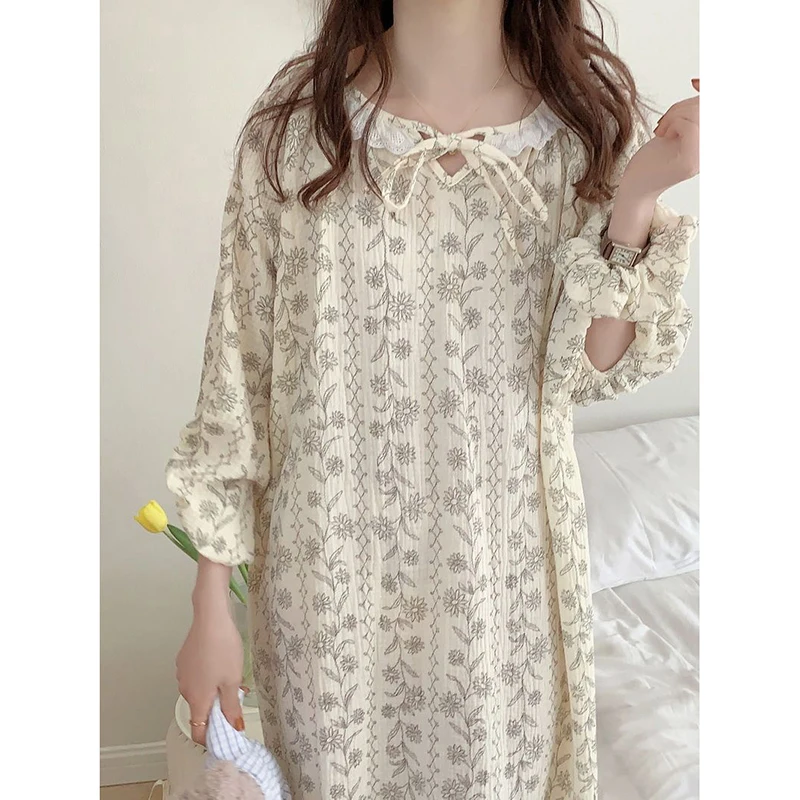 Floral Women Nightgown Korean Style Sleepwear Long Sleeve Night Dress Autumn Lace One Piece Pajamas Home Sleeping Wears New In