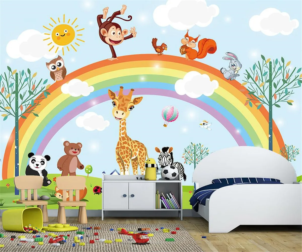 Custom size relief self-adhesive 3d wallpaper mural cartoon forest animal rainbow children's room background papel de parede