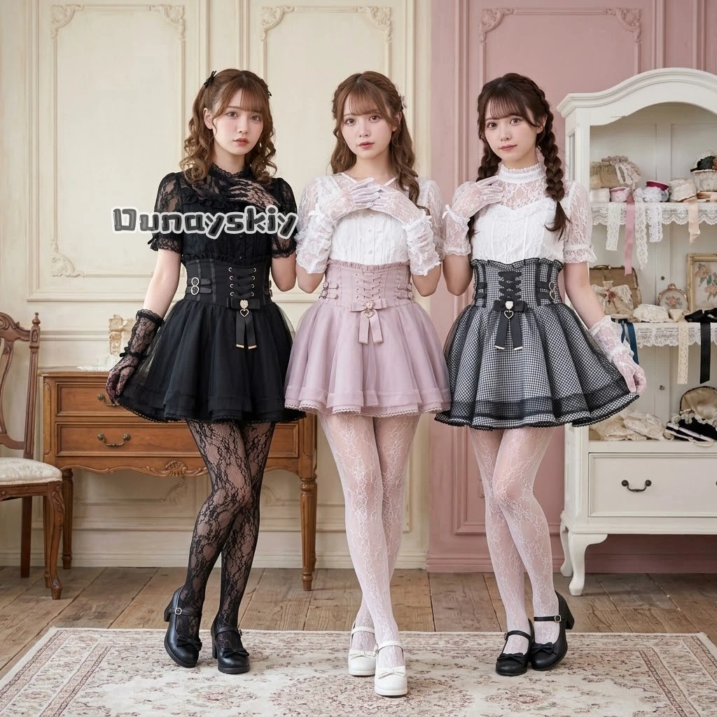 KS*112026 Conjunto de falda japonesa Lolita con botones de cuero, falda mini de cintura alta con encaje, estilo dulce, kawaii, elegante, vintage, cosplay para mujer