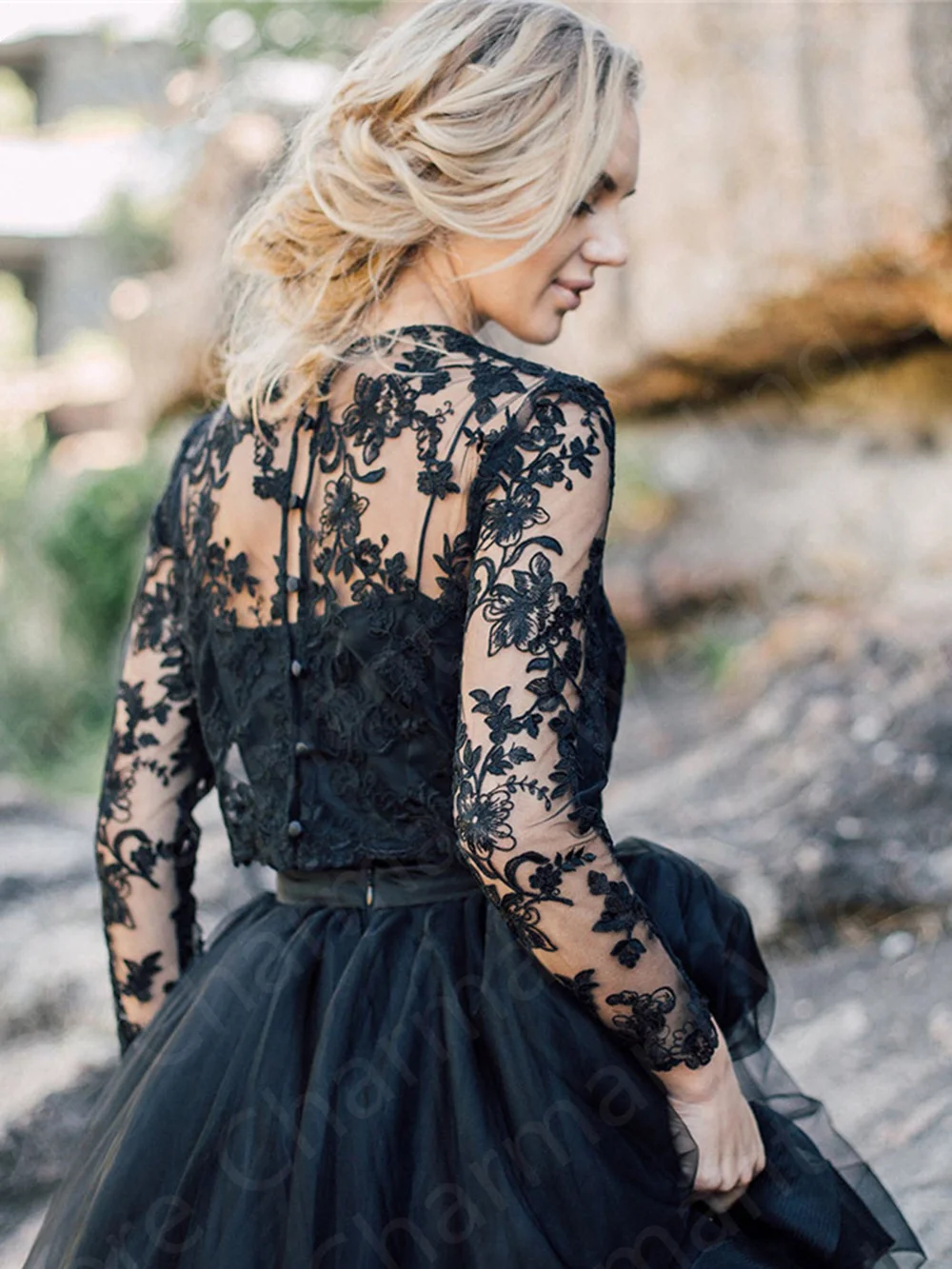 New Arrival Black Two Pieces Prom Gowns Lace Evening Dress Long Sleeves Ball Gown Wedding Party  with Bolero Tiered Skirt