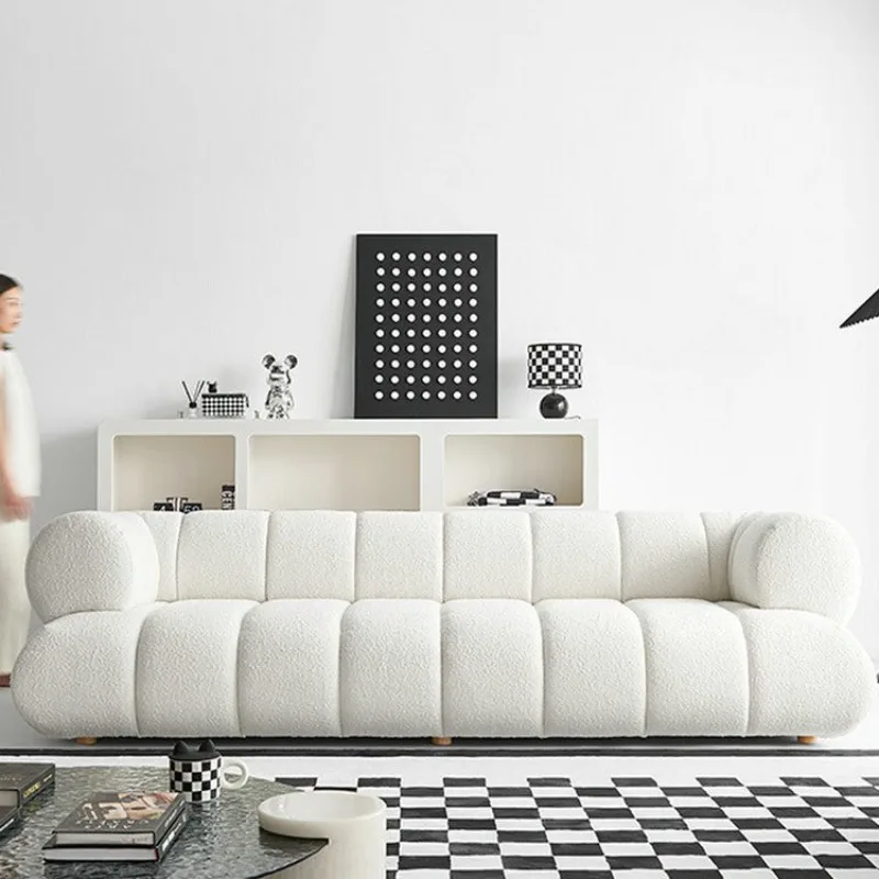 

French designer straight row three-person light luxury teddy velvet sofa