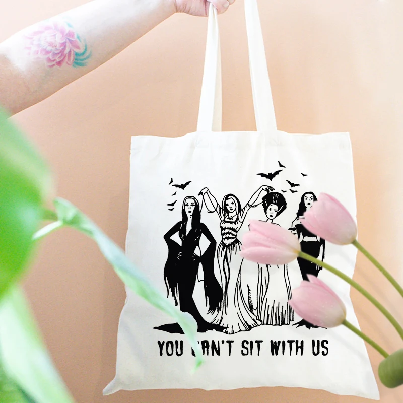 You Can't Sit with Me Witches Pattern Canvas Tote Bag Best Halloween Gift for Sisters Friends Women Reusable Shopping Bag