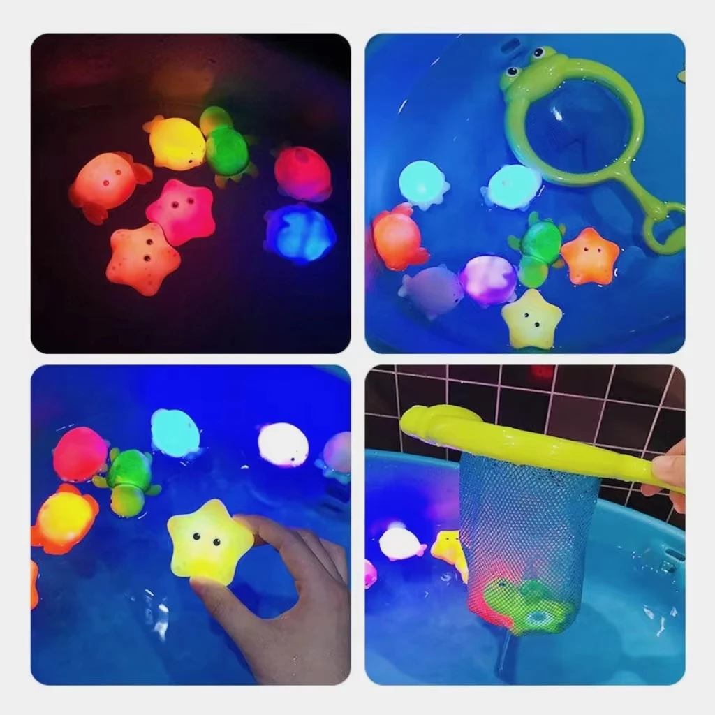 Glowable Animal Baby Bath Toys Set 4Pcs Floating Water Floating Toys With Light Fishing Mesh Net Children's Playing Water Toys