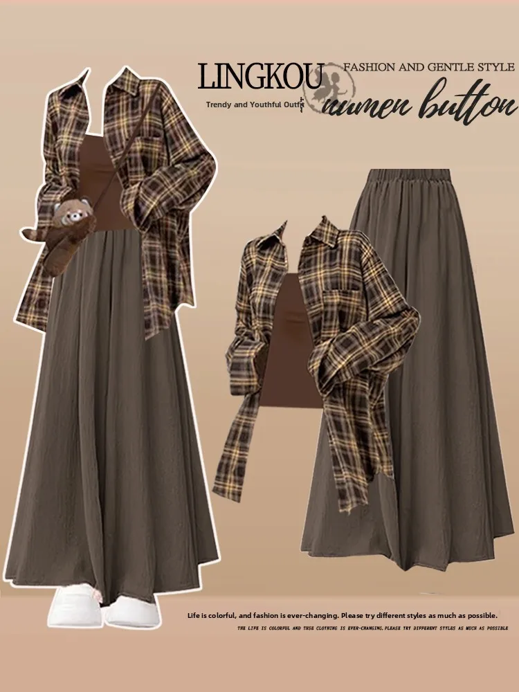 

plus Size Spring Lazy Style Women's Vintage Plaid Shirt Inner Strap High Waist Slimming Casual Pants Three Piece Set