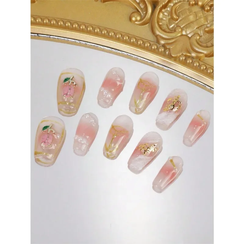 10pcs Handmade press on  Nails Long/Smudged/Hand-Painted Roses/Gold Sequins/Shining Pearls Symbol Of Friendship