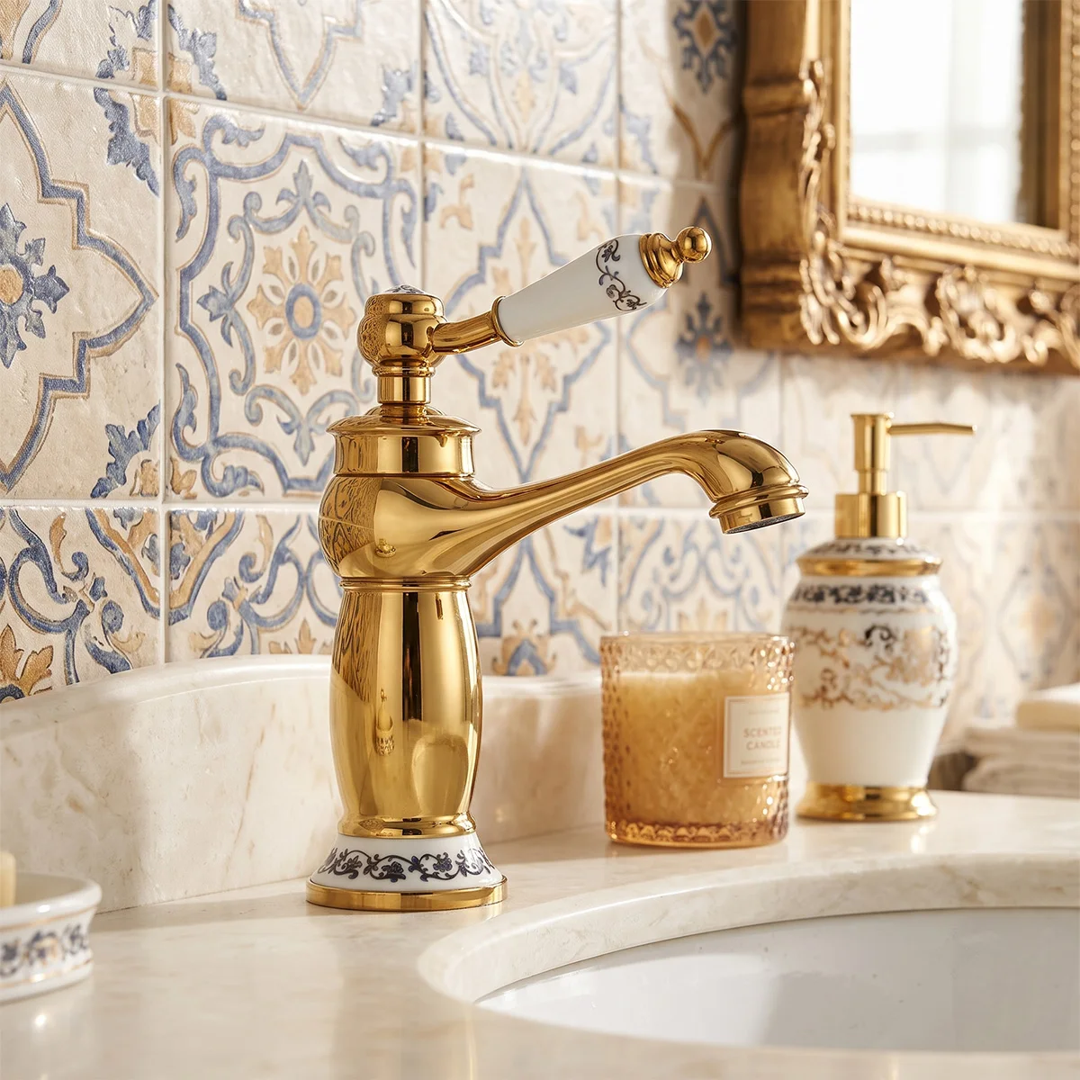 

Single Handle Hot & Cold Water Mixer Tap with Marble Pattern Ceramic Column, Luxury Vintage Single Hole Deck Mount