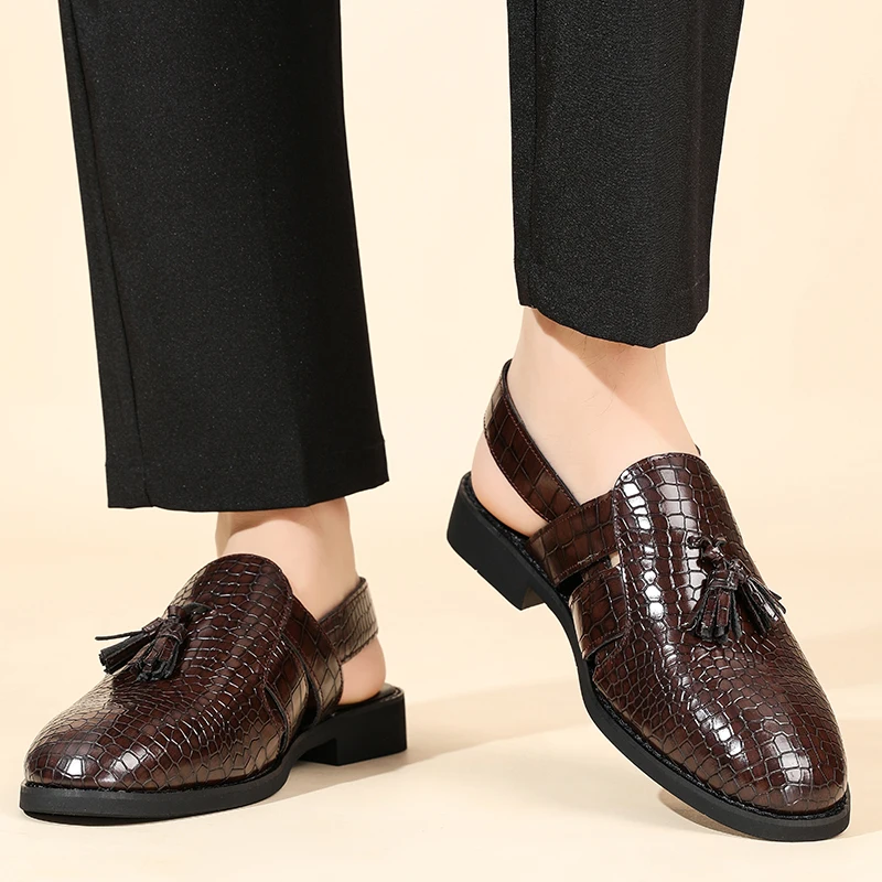

Men Sandals PU Embossed Pattern Tassel Decoration Half Toe Cover Comfortable Breathable Business Men Sandals Sizes 39-46
