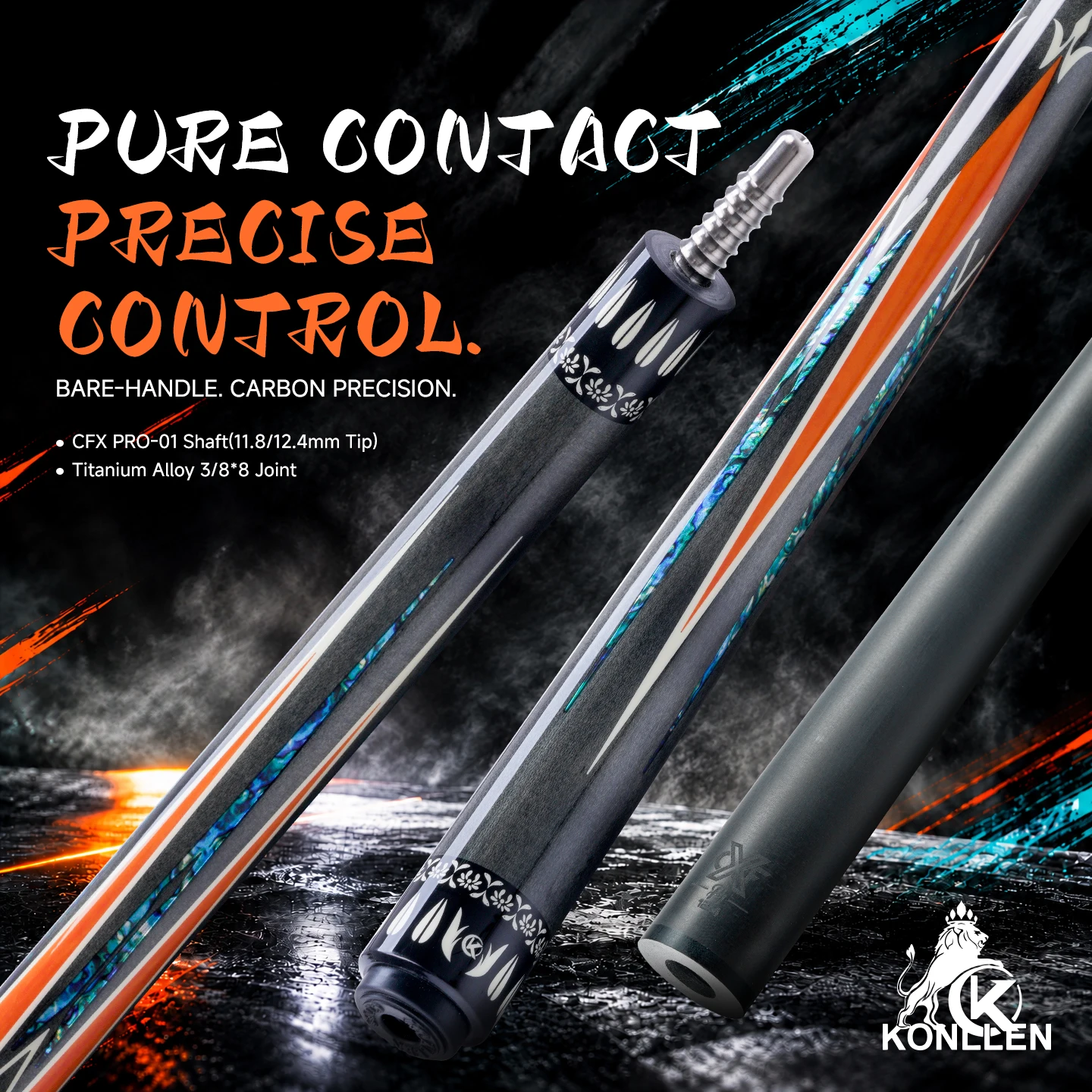 Pool Cue Stick Carbon Fiber CFX Shaft Low Deflection 9-Layer 11.8/12.4mm Tip Titanium 3/8x8 Joint Wrapless 58in KONLLEN