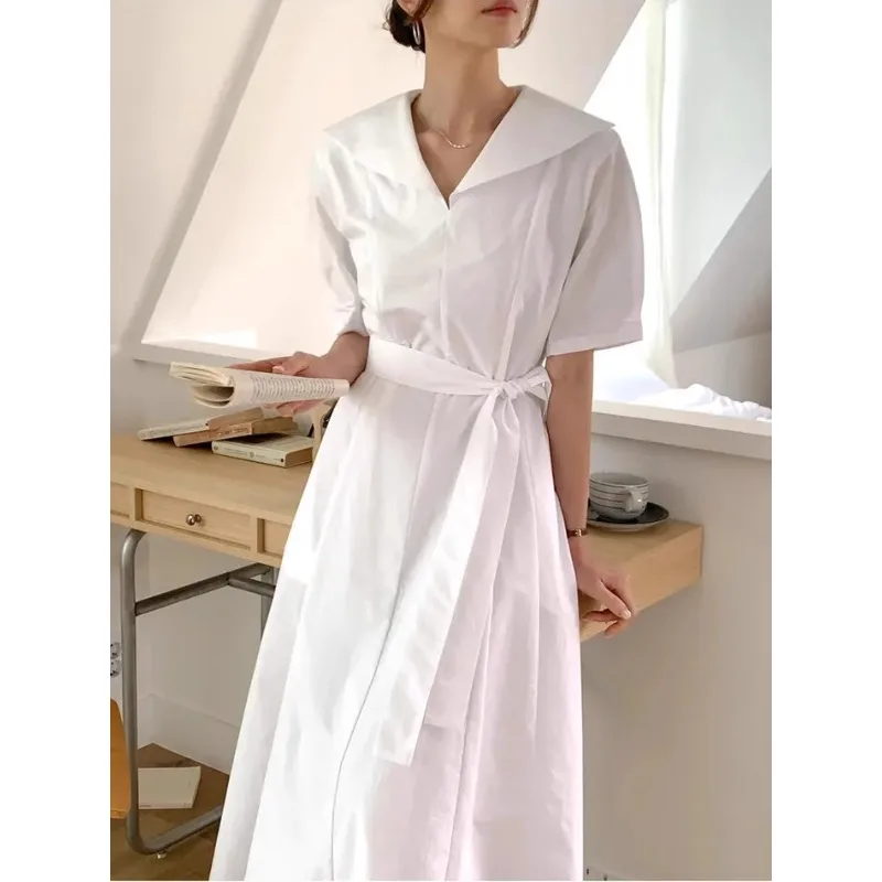 SuperAen New 2025 Summer Simple and Elegant Sailor Collar Puffed Sleeves Dress for Women Lace Folds Waist A-line Long Dresses