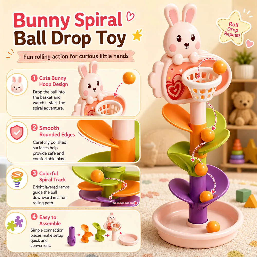 Kids Rabbit Ball Track Toy DIY Rolling Ball Slide Rail Educational Playset with Basket Tray 4 Balls