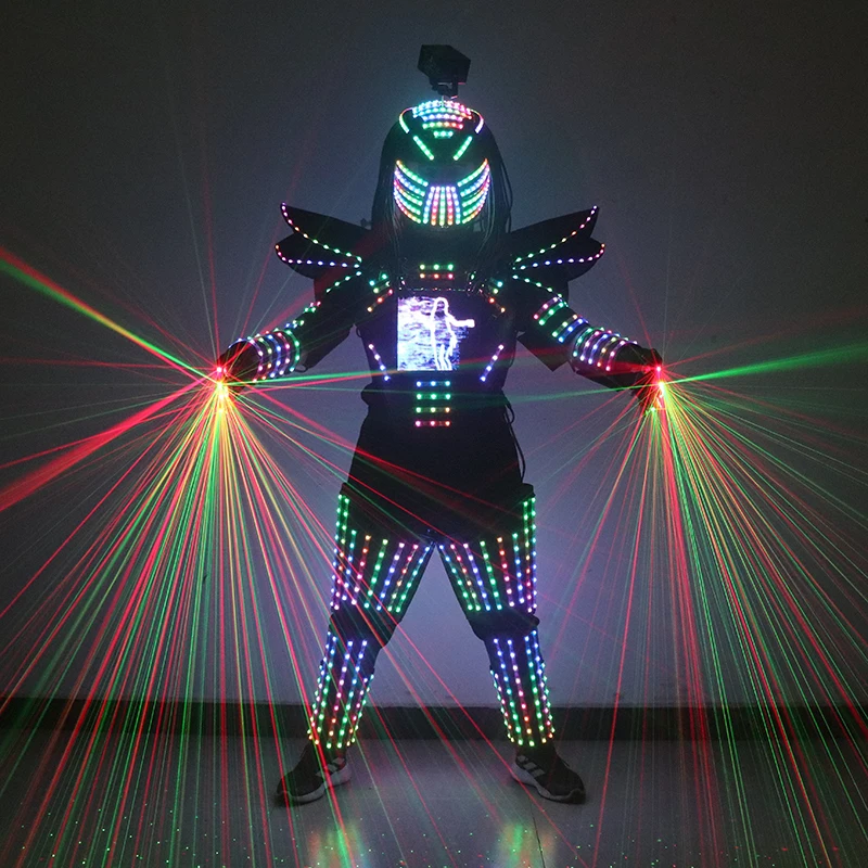 Pixel a colori LED Costume da robot Vestito da ballo di scena LED Giacca luminosa Abbigliamento Abbigliamento da prestazione Casco laser con guanti laser
