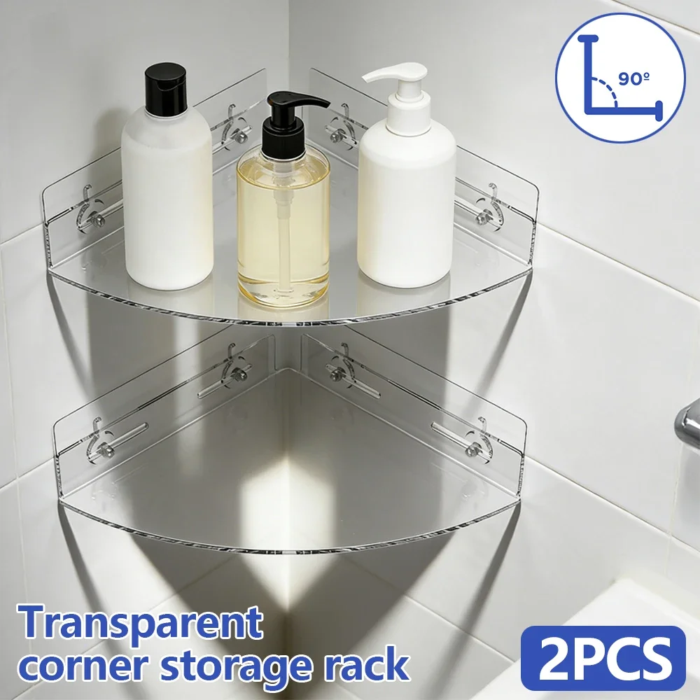 2Pcs Corner Shower Shelf Acrylic Clear Floating Corner Shower Storage Rack Wall Mounted Fan-shaped Kitchen Bathroom Organizer