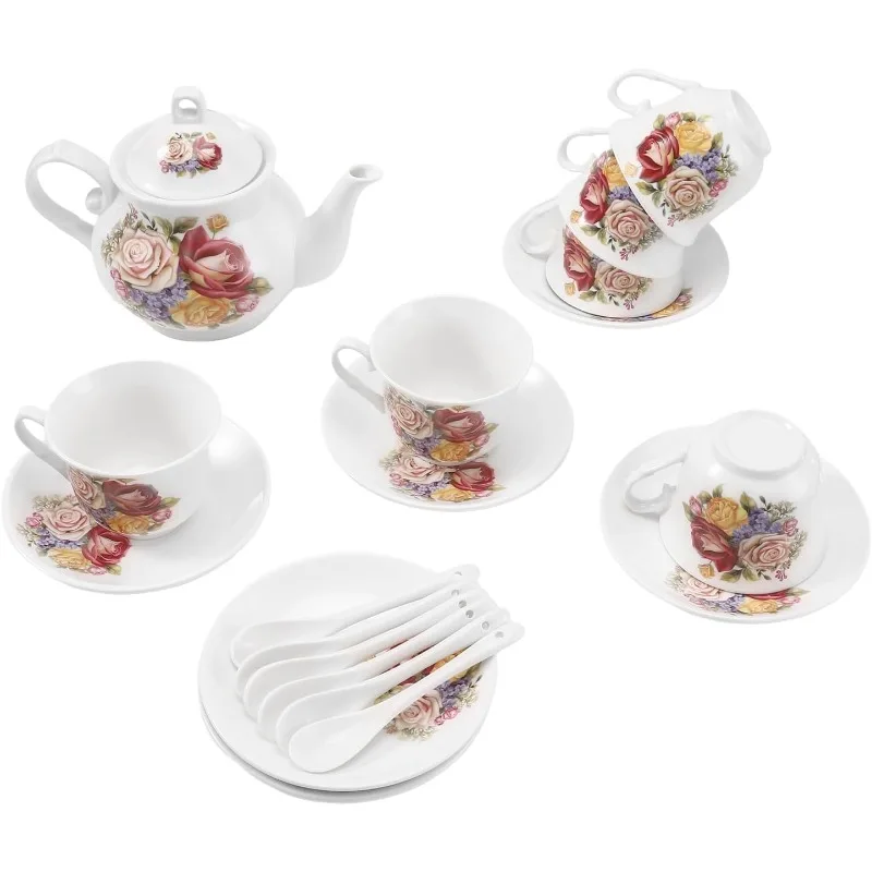 Imagem -04 - Conjunto de Chá de Cerâmica Vintage para Mulheres Flower Tea Cup Estilo Europeu Café da Tarde 28oz 20 Pcs 7oz