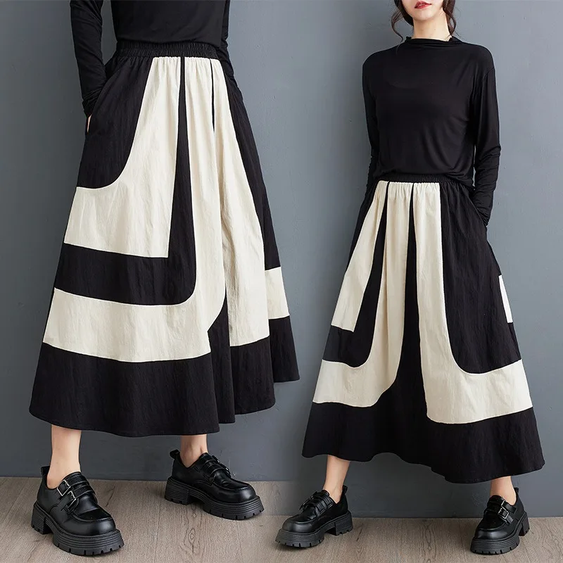 Yamamoto Style Dark Half Skirt Original Unique Design Irregular Splicing Color Block Slim Fit Elastic Waist Fashion Ladies Skirt