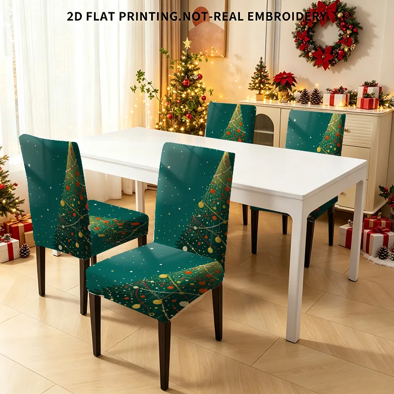2/4/6 PCS shiny Christmas tree lights dining chair cover, 2D flat design washable Christmas restaurant home holiday decoration