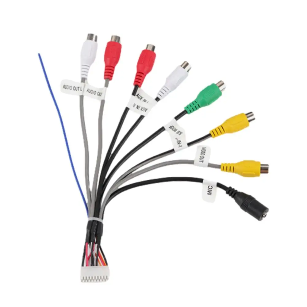 20 Pin RCA Audio Video Cable Subwoofer Output Socket CVBS Aux In Amp Control Wire Fan 12V Power Jack Mic Harness For Car Android