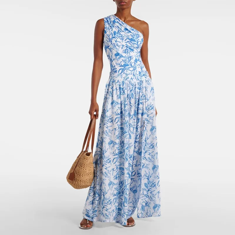 

Цельный купальник для женщин в европейском и американском стиле, синий, с цветочным принтом, с открытыми плечами, для женщин