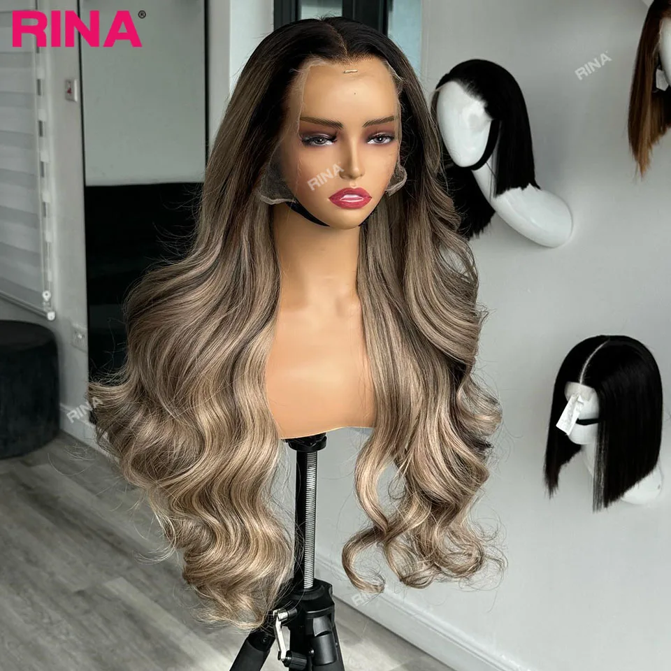 180 Density 13x6 Lace Frontal Highlight Omber Ash Blonde Colored Transparent Lace Wig Brazilian Human Hair Body Wave Wig 32 inch