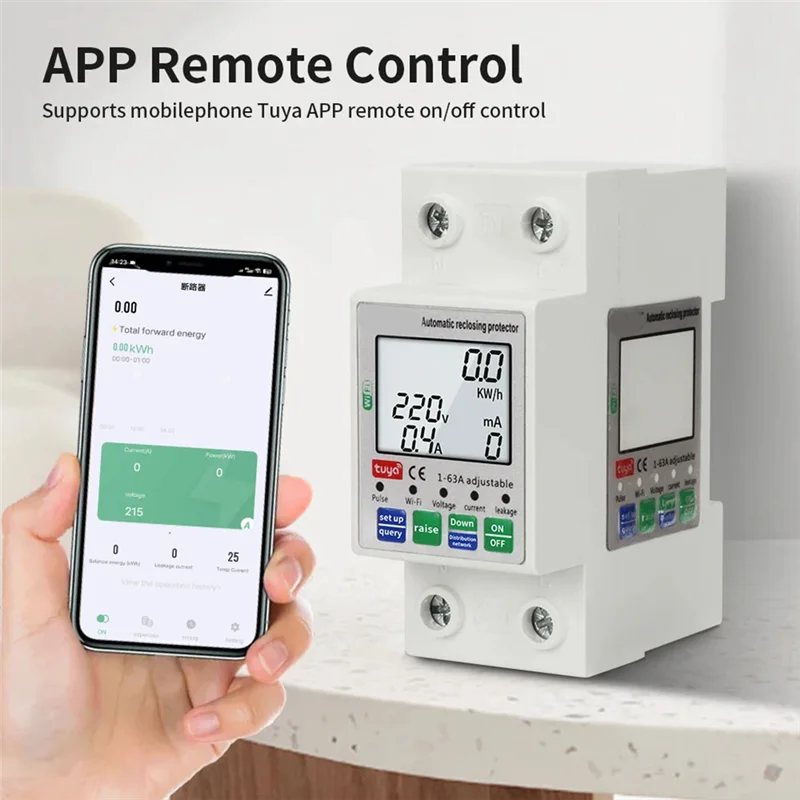 

ABBP-Tuya 63A 2P WIFI счетчик энергии интеллектуальный релейный переключатель цепи питания, защита от утечки повышенного/пониженного напряжения, кВтч