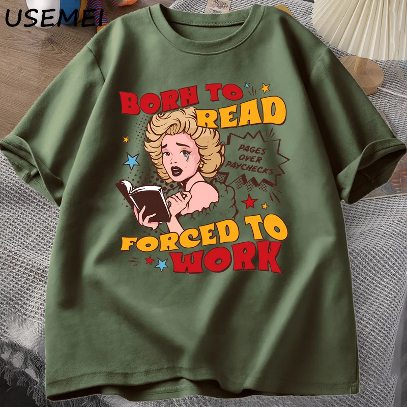 

Born To Read Forced To Work Tshirts Funny Reader Book Addict T-shirt Book Lover Bookish T Shirt Women Library Short Sleeve Tees