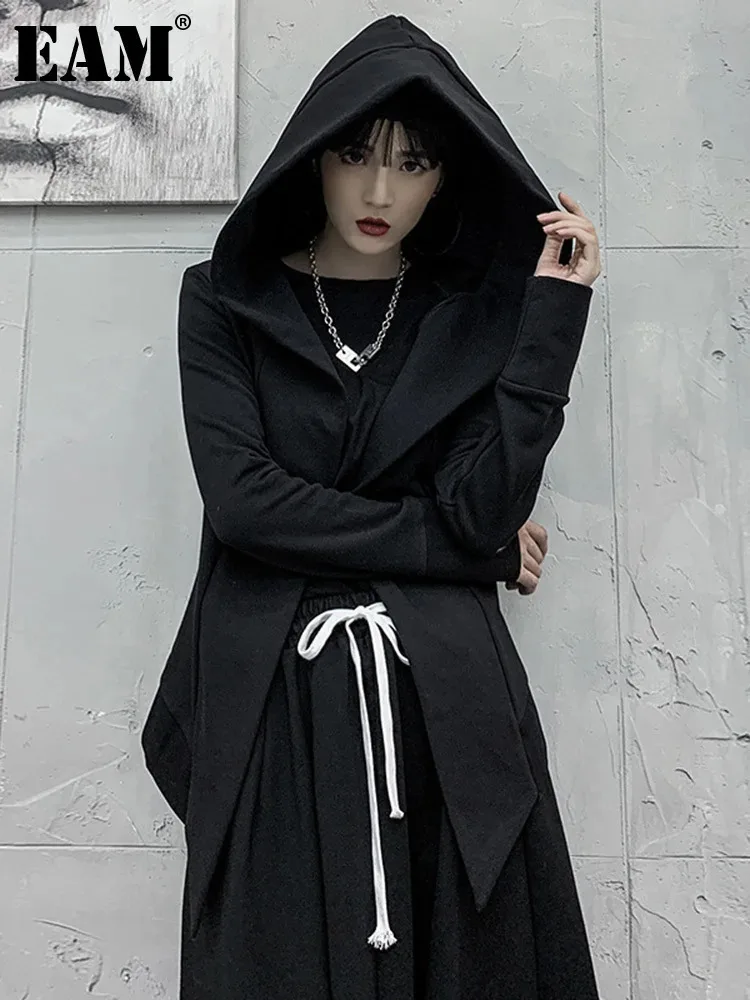 [EAM] Loose Fit Black Irregular Casual Jacket New Hooded Long Sleeve Women Coat Fashion Tide Spring Autumn 2024 1DF4696