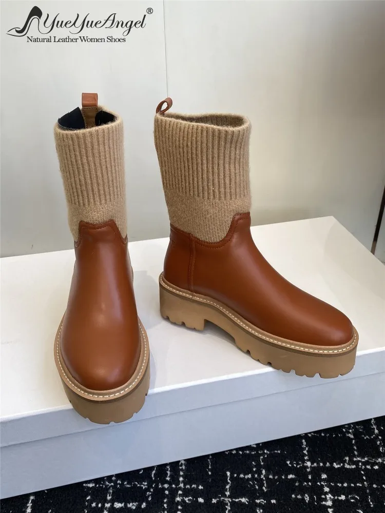 

Женские ботильоны без шнуровки из натуральной кожи в корейском стиле в стиле ретро, лоскутные ботильоны с круглым носком на массивном каблуке, однотонная женская обувь