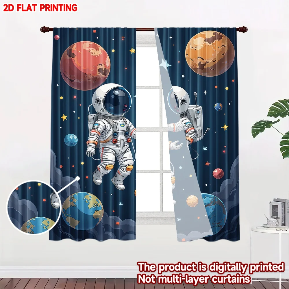 2D flat printing 2pcs Curtains Astronauts Floating in Space Digital Printed Polyester Drapes Festive Holiday for Holiday