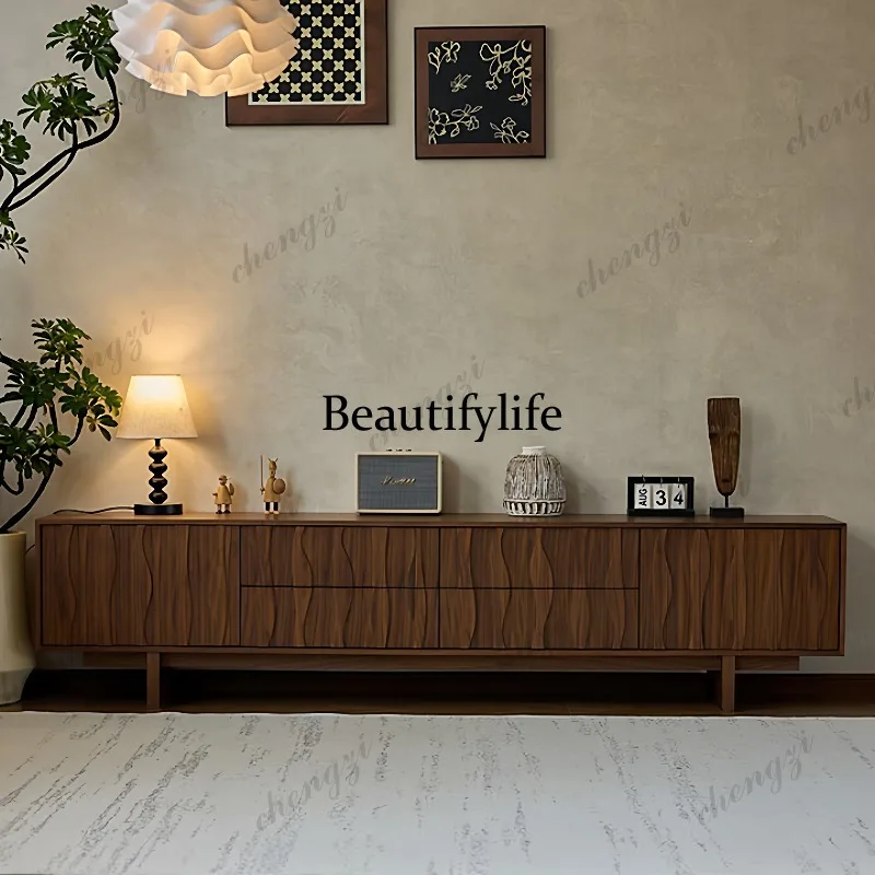 Solid wood TV cabinet Floor cabinet Living room Home modern simple low cabinet Wide three-dimensional texture