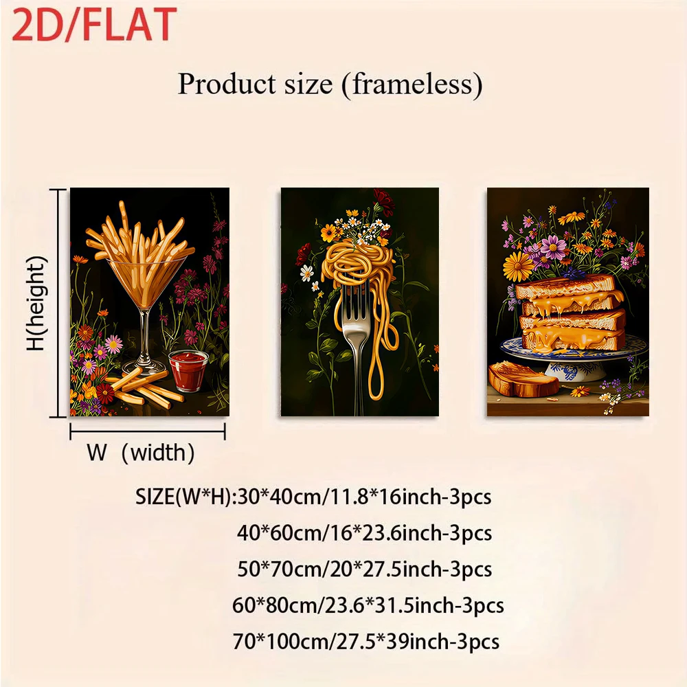 1 set of retro cuisine, floral triptych, frameless drawing, French fries, spaghetti sandwich, wall decoration, 2D plan