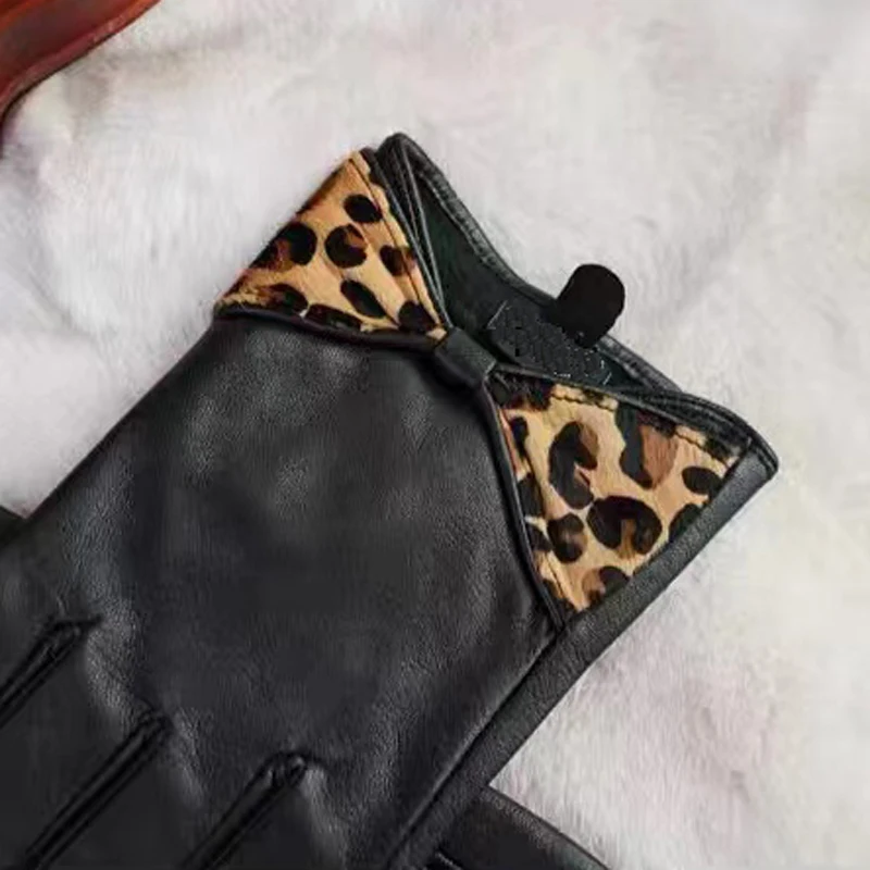 Genuine Leather Gloves For Women Spring Winter Warm Fashionable Leopard Print Bow Short Mittens Mujer Elegant Thin Guantes