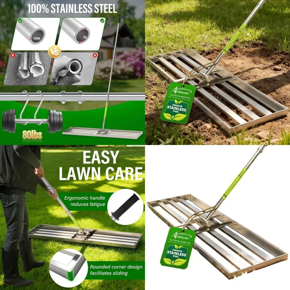 

Adjustable Long Handle Lawn Leveling Rake, Heavy-Duty Stainless Steel for Yard, Garden, Golf Course, and Pasture Maintenance