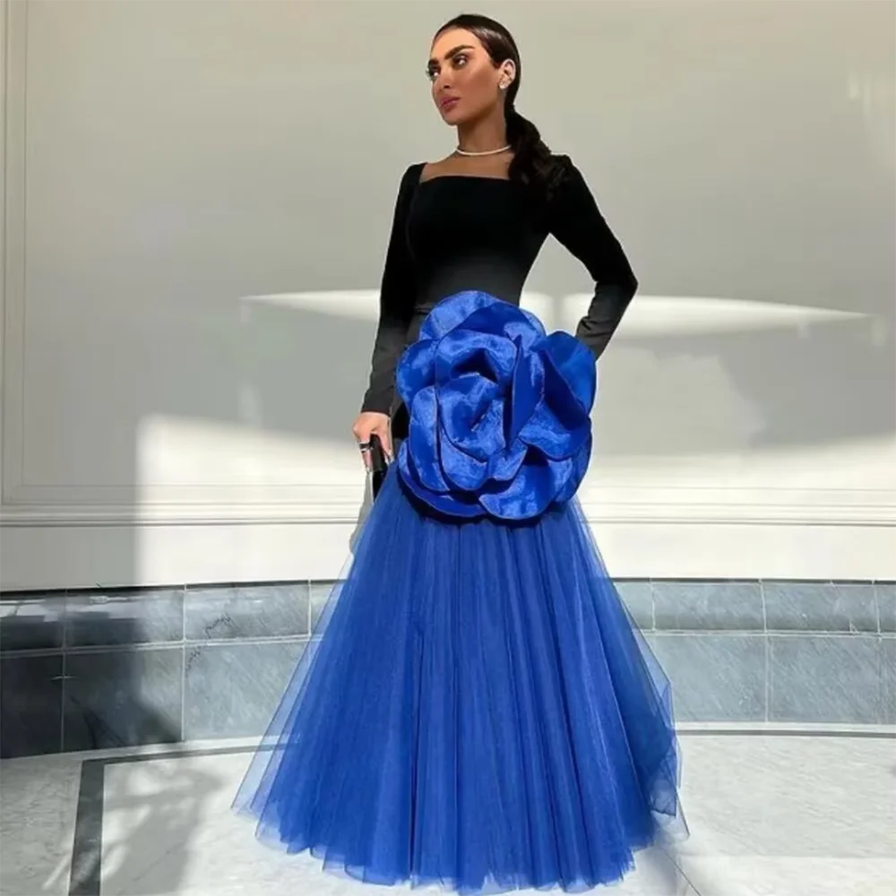 Abiti da sera eleganti a sirena da donna con scollo quadrato, grandi fiori, maniche lunghe, colore a contrasto, abiti formali da ballo, realizzati su misura
