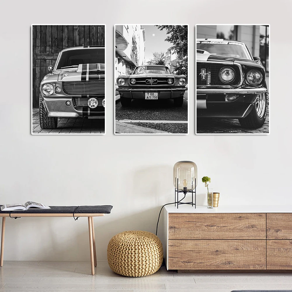 Black And White Retro Ford Mustang Steering Wheel Poster Vintage Luxury Sports Car Canvas Painting Racing Wall Art Room Decor