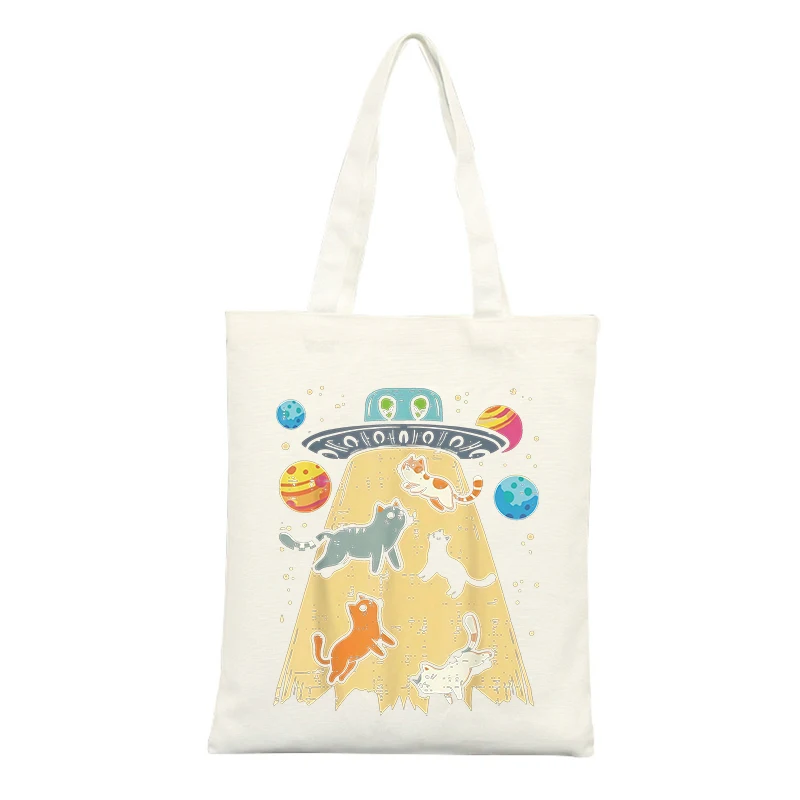 Canvas Tote Bag with Cat and UFO Graphic, Ideal for Casual Daily Use and Summer Outings