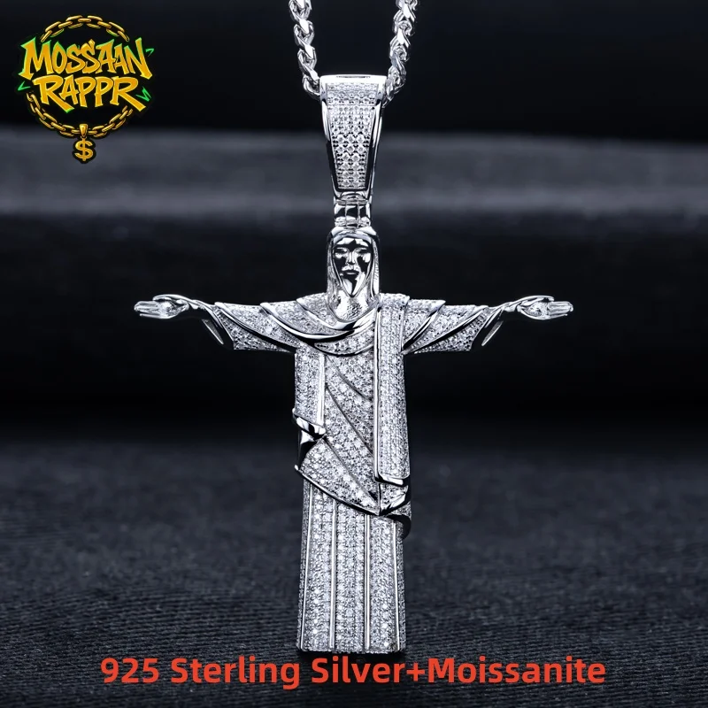 

MossanRappr 1.23cttw Moissanite Christ The Redeemer Statue Pendant Iced out Necklace 925 Sterling Silver Hip Hop Jewelry for Men
