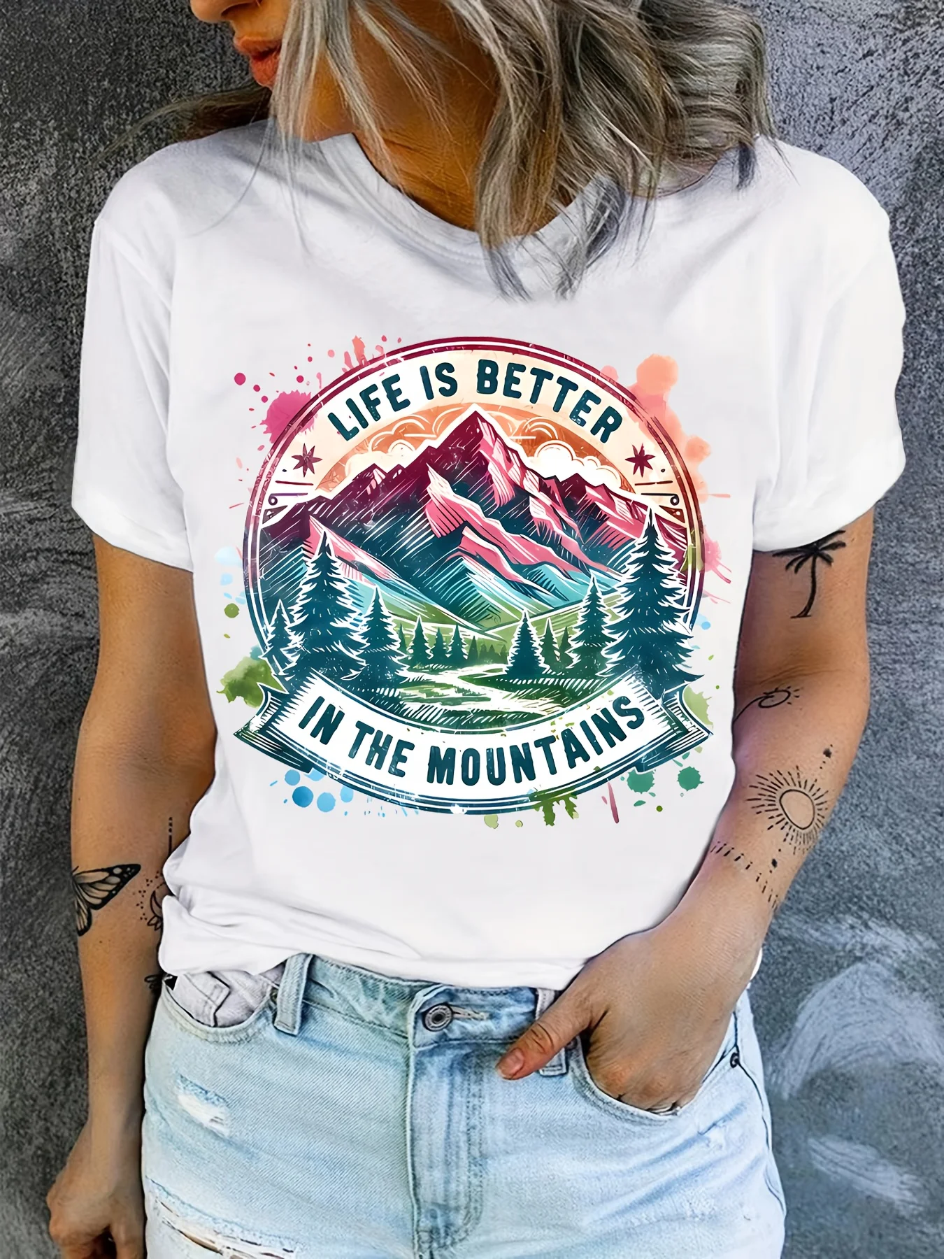 

Women's Casual Short Sleeve T-Shirt - "Life Is Better In The Mountains" Graphic Print, Vibrant Geometric Mountain Landscape