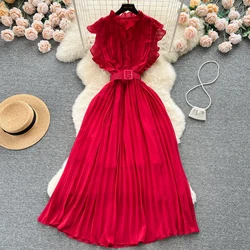 French Vintage Patchwork Ruffled Belt O-neck Sleeveless Dress A-line Casual Women Fashion Spring/Summer Vestidos Dress Ruffled