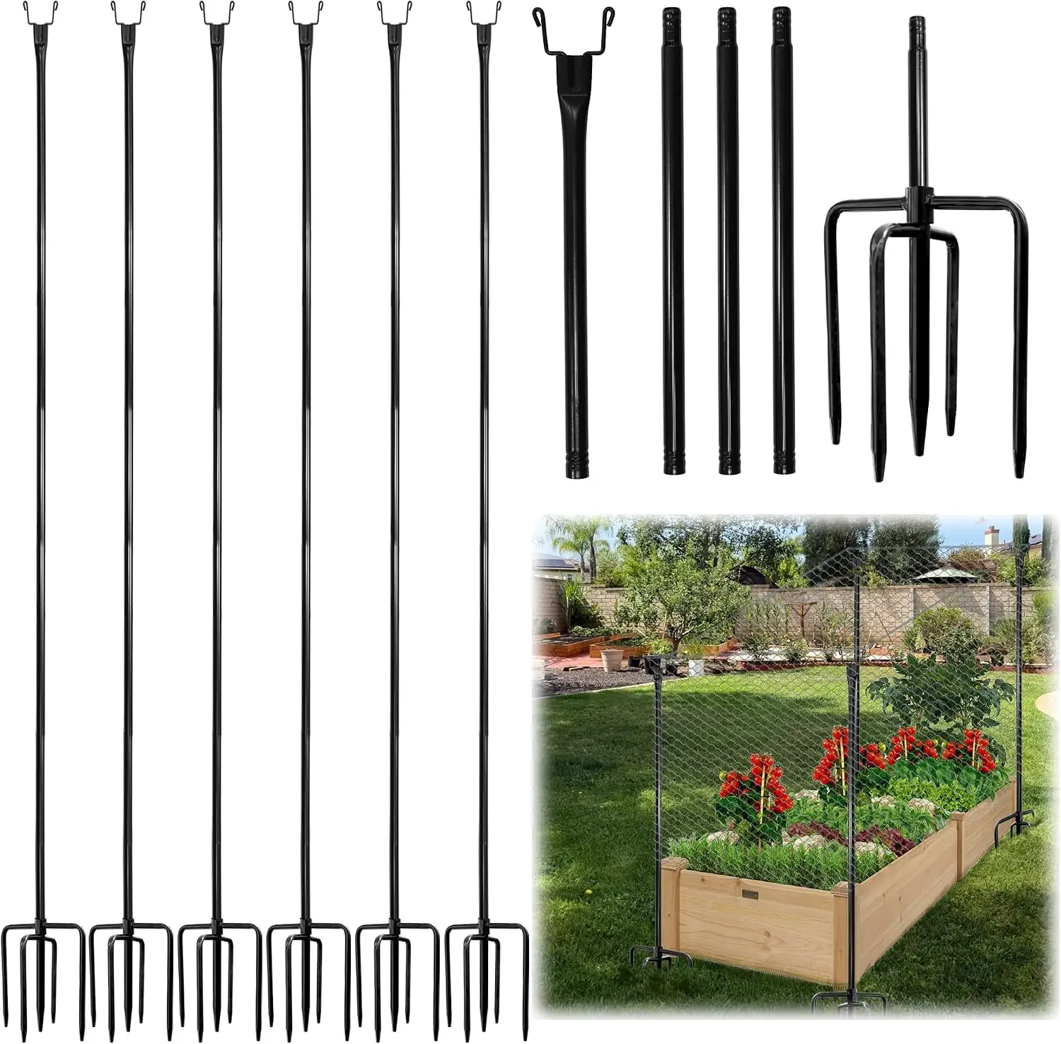 6 Pack 74 Inch Heavy Duty Metal Garden Netting Support Stakes 5 Prong