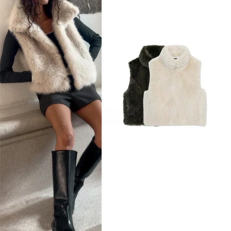 

Fall New Women's High Collar Svel Faux Fur Effect Vest Original Design Single Button Closure Regular Length Polyester F...