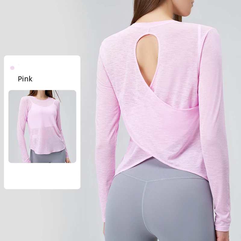 Women Backless Loose Yoga T-shirts Summer Round Collar Long Sleeve Fitness Breathable Sporty Yoga Tshirt Tops Female Sportswear image 6