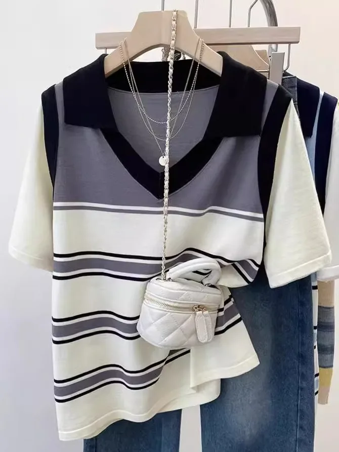 Женская модная полосатая футболка больших размеров, летняя свободная утягивающая футболка irt V-Ne, искусственный вязаный топ из двух предметов